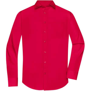 A red long-sleeve poplin shirt with a button-up front and a single chest pocket, featuring a branded logo.