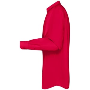 A bright red long-sleeve poplin button-up shirt, featuring a fitted silhouette and cuffed sleeves.