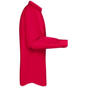 A red long-sleeve button-up shirt displayed from the side, featuring a collar and cuffed sleeves.