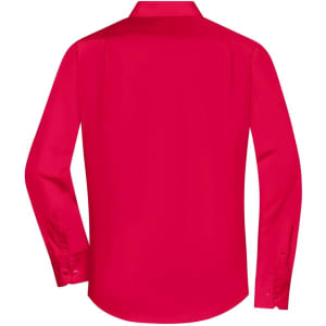 A red long-sleeve button-up shirt featuring a back view with a collar and button cuffs. It has a logo.