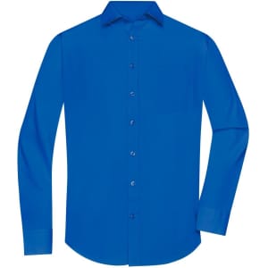 A blue long-sleeve poplin button-up shirt with a chest pocket and a classic collar.