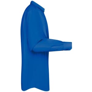 A blue men's button-up shirt in poplin fabric, displayed from the side. Features a collar and long sleeves.