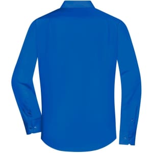 A blue long-sleeved button-up shirt featuring a back view with a collar and buttons. It has a logo present.