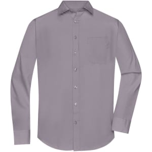 A long-sleeve button-up shirt in a light grey shade, featuring a chest pocket and a standard collar.