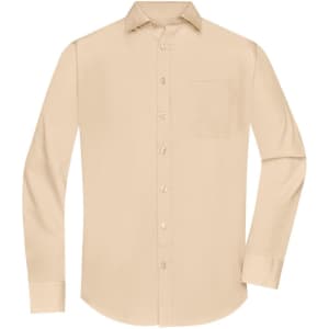 A beige long-sleeve button-up shirt with a collar and a single chest pocket. It features a logo.
