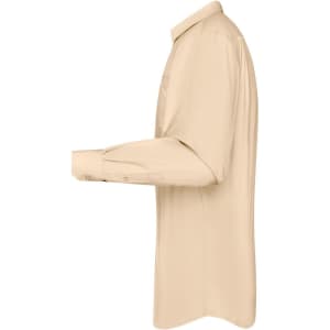 A beige long-sleeved poplin men's shirt, featuring a button-up design and a logo.