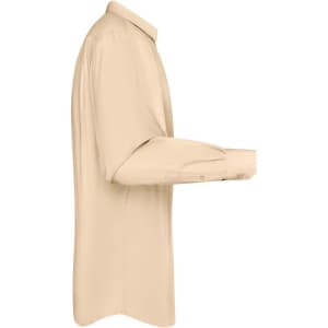 A beige long-sleeve button-up shirt with a collar and a logo on the side.