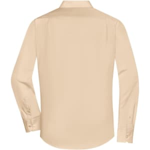 A beige long-sleeved men's button-up shirt with a collar and button detail on the cuffs. Features a logo.