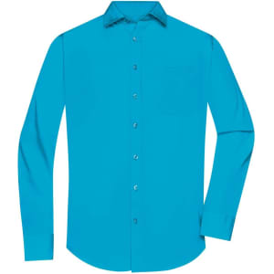 A vibrant turquoise long-sleeve button-up shirt featuring a single chest pocket and a collar.