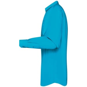A bright blue long-sleeve button-up shirt with a collar, featuring a logo.