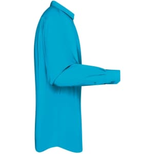 A side view of a long-sleeved button-up shirt in bright blue, featuring a collar and button detail.