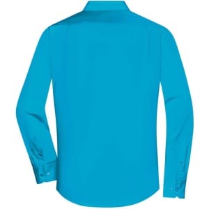 A bright turquoise men's long-sleeve poplin shirt with button cuffs and a collar, featuring a logo on the back.