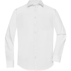 A white long-sleeve button-up shirt with a chest pocket and a collar, featuring a logo on the fabric.