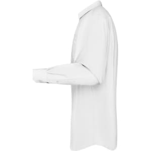 A white button-up shirt with long sleeves displayed in profile. The shirt features a collar and a logo.