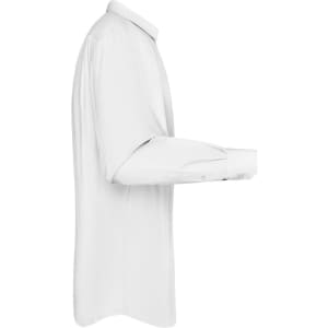 A white long-sleeve poplin button-up shirt displayed from the side, featuring a classic collar and buttons on the cuffs.