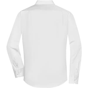 A white long-sleeve button-up shirt, featuring a collar and button details on the cuffs, with a logo present.