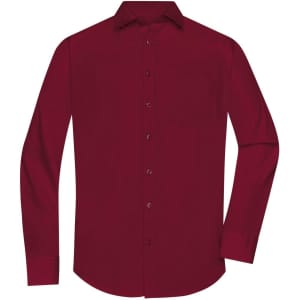 A maroon long-sleeve button-up shirt featuring a front pocket and a collar, with a logo on the chest.