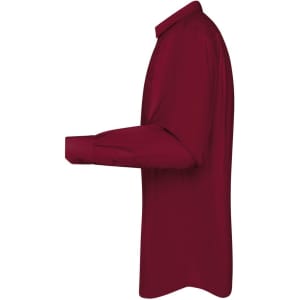 A red long-sleeved poplin shirt displayed from a side view, featuring a button-up design and a brand logo.