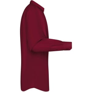 A burgundy men's long-sleeve button-up shirt featuring a classic design and collar, with a brand logo present.