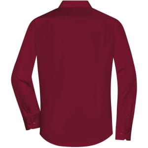 A maroon long-sleeve poplin shirt, featuring a button-up design and a back view. Includes a logo.