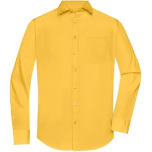 A yellow button-up men's shirt with long sleeves and a chest pocket, featuring a logo.