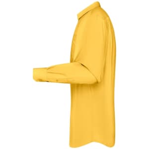 A yellow long-sleeve button-up shirt displayed from the side, featuring a collar and cuffed sleeves.