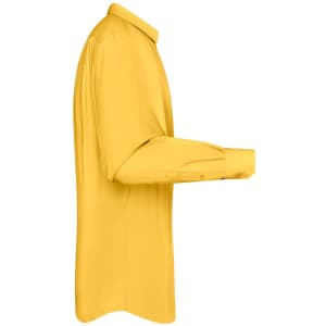 A yellow long-sleeve poplin men's shirt with a button-up design and a logo.