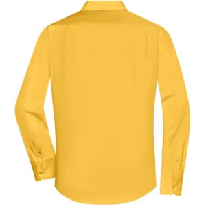 A men's long-sleeve button-up shirt in bright yellow with a smooth finish and a collar. It features a logo.