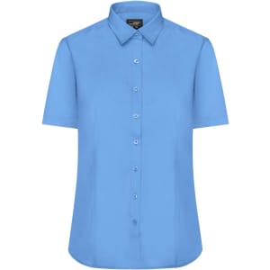 A light blue button-up shirt with short sleeves and a collar, featuring a logo.