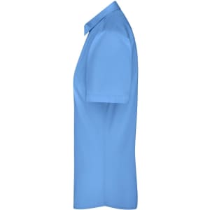 A blue button-up shirt with short sleeves and a collar, featuring a logo on the fabric.