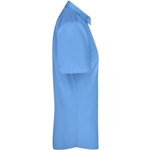 A side view of a light blue ladies button-up shirt made from poplin fabric, featuring a collar and short sleeves.