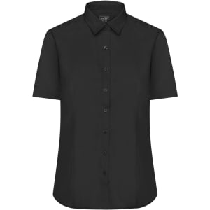 A black short-sleeved button-up shirt featuring a collar and a logo.