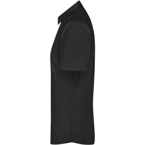 A black button-up shirt with short sleeves, featuring a collar and a logo on the chest.