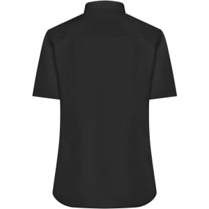 A black short-sleeved button-up shirt with a collar, featuring a plain design and a logo on the back.
