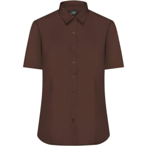 A brown button-up short-sleeved shirt featuring a collar and a branding logo on the label.