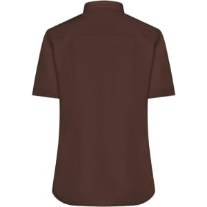 A brown ladies button-up shirt with short sleeves, featuring a collar and a simple design. It has a logo on it.