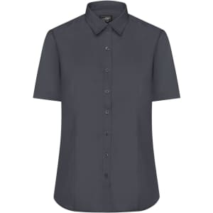 A short-sleeve poplin button-up shirt in a dark grey colour, featuring a classic collar and a logo.