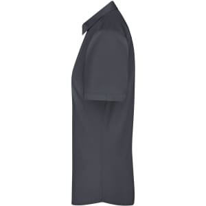 A dark grey ladies button-up shirt with a short sleeve and collar. Features branding on the fabric.