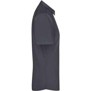 A grey short-sleeved women's button-up shirt with a collar and a logo. The shirt is displayed from the side.