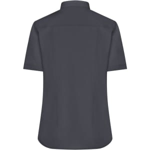 A dark grey, short-sleeved button-up shirt with a collar and a logo on the back.