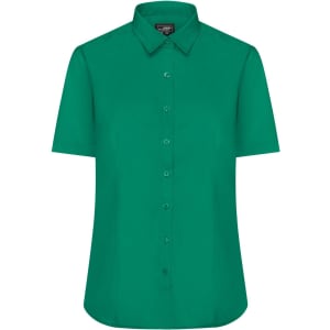 A short-sleeved button-up shirt in vibrant green with a collar and a front button placket. It features a logo.