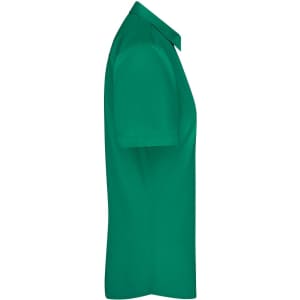 A green button-up shirt with short sleeves, featuring a collar and a logo.