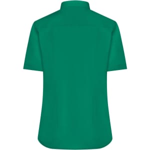A short-sleeve, button-up shirt in a vibrant green colour, featuring a collar and a smooth back design.