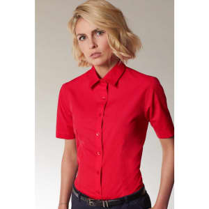 A red button-up shirt for ladies with short sleeves and a collar, featuring a branding logo.