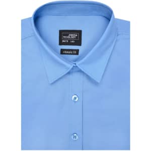 A light blue ladies button-up shirt featuring a classic collar and a branding tag.