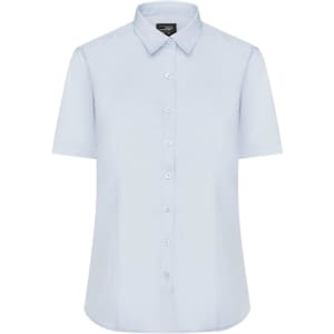 A light blue button-up ladies shirt with short sleeves and a classic collar, featuring a logo.