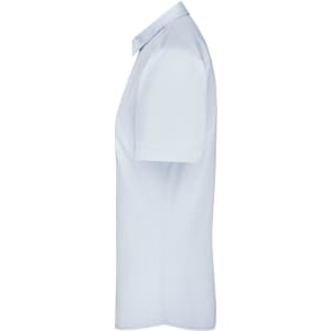 A light blue button-up shirt with short sleeves, featuring a collar and a logo.