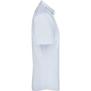 A light blue button-up shirt with short sleeves and a collar, featuring a logo on the upper side.