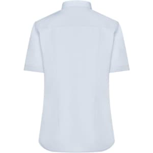 A light blue short-sleeved button-up shirt, featuring a collar and a smooth back design. It has a branding logo.