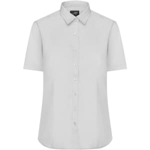 A light grey short-sleeve button-up shirt for women with a collar and a logo.